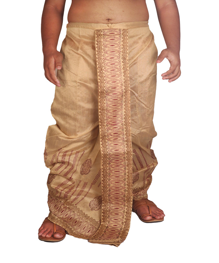 Beige art silk hand block print dhoti