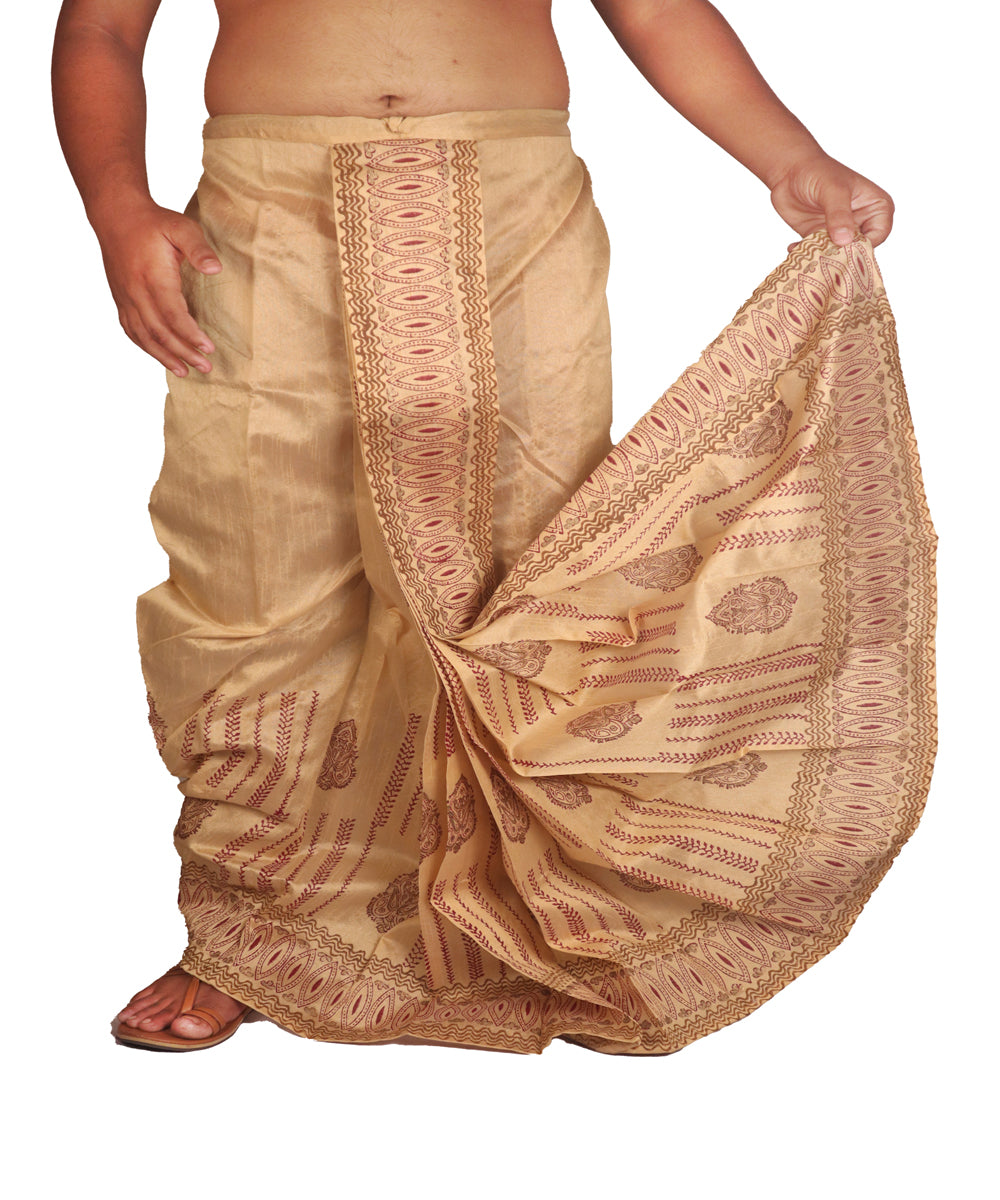 Beige art silk hand block print dhoti