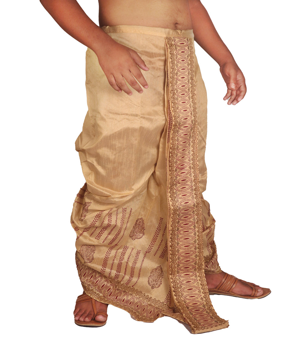 Beige art silk hand block print dhoti