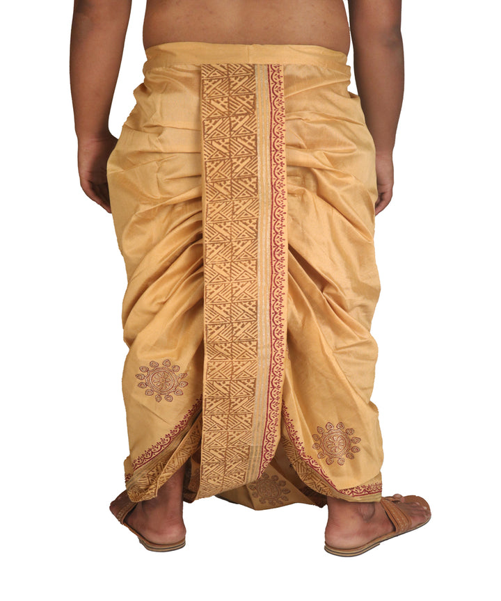 Beige hand block printed art silk dhoti