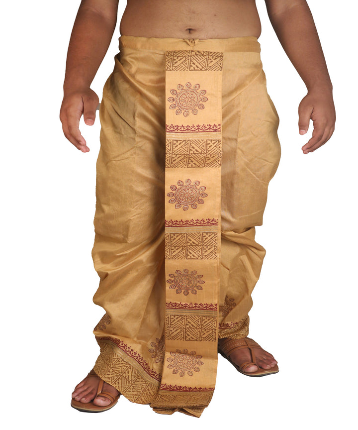 Beige hand block printed art silk dhoti