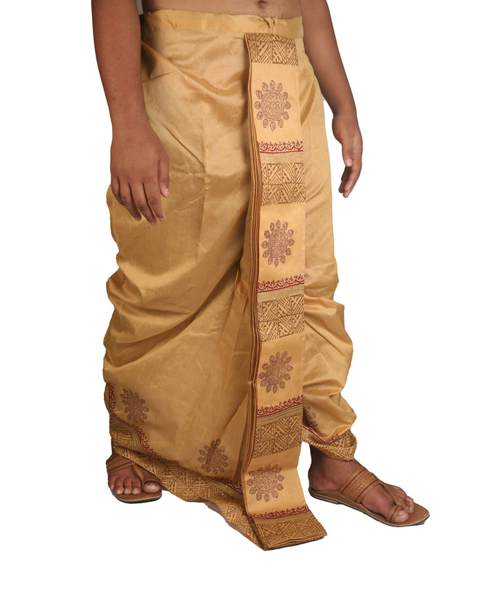 Beige hand block printed art silk dhoti