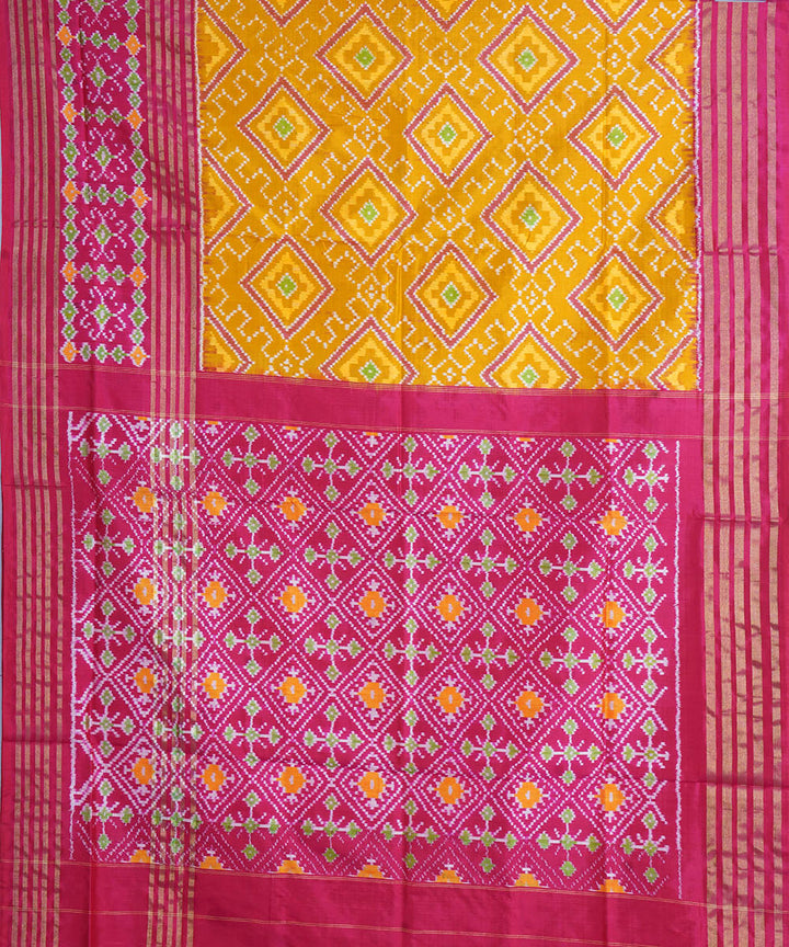 Yellow pink handwoven pochampally ikat silk saree