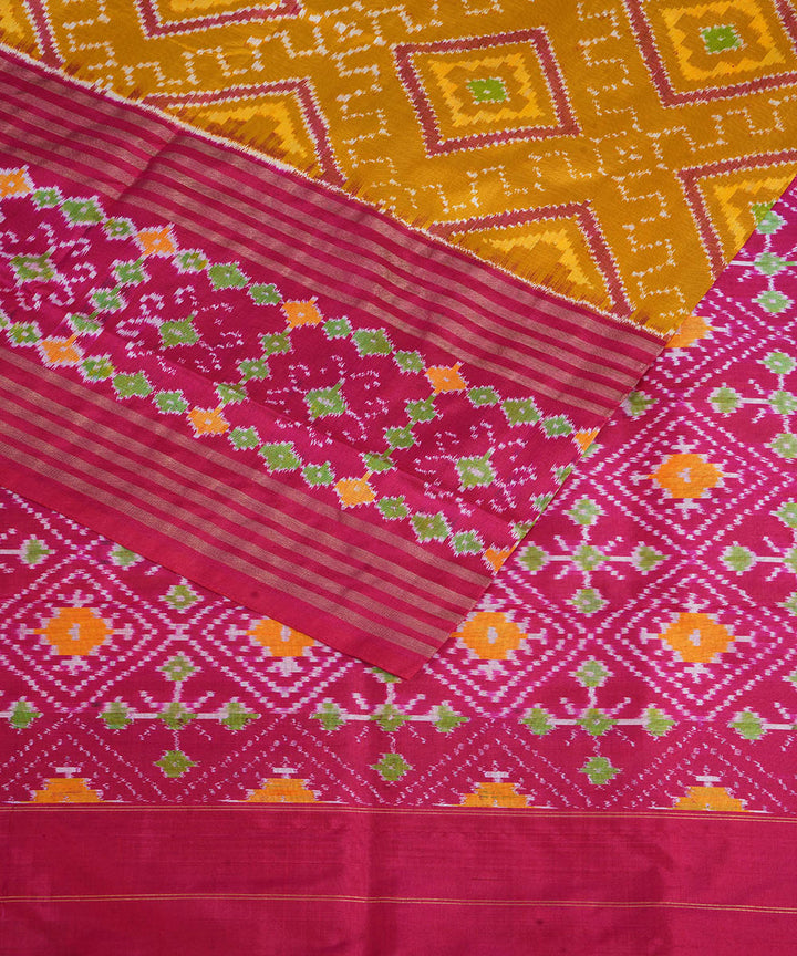Yellow pink handwoven pochampally ikat silk saree