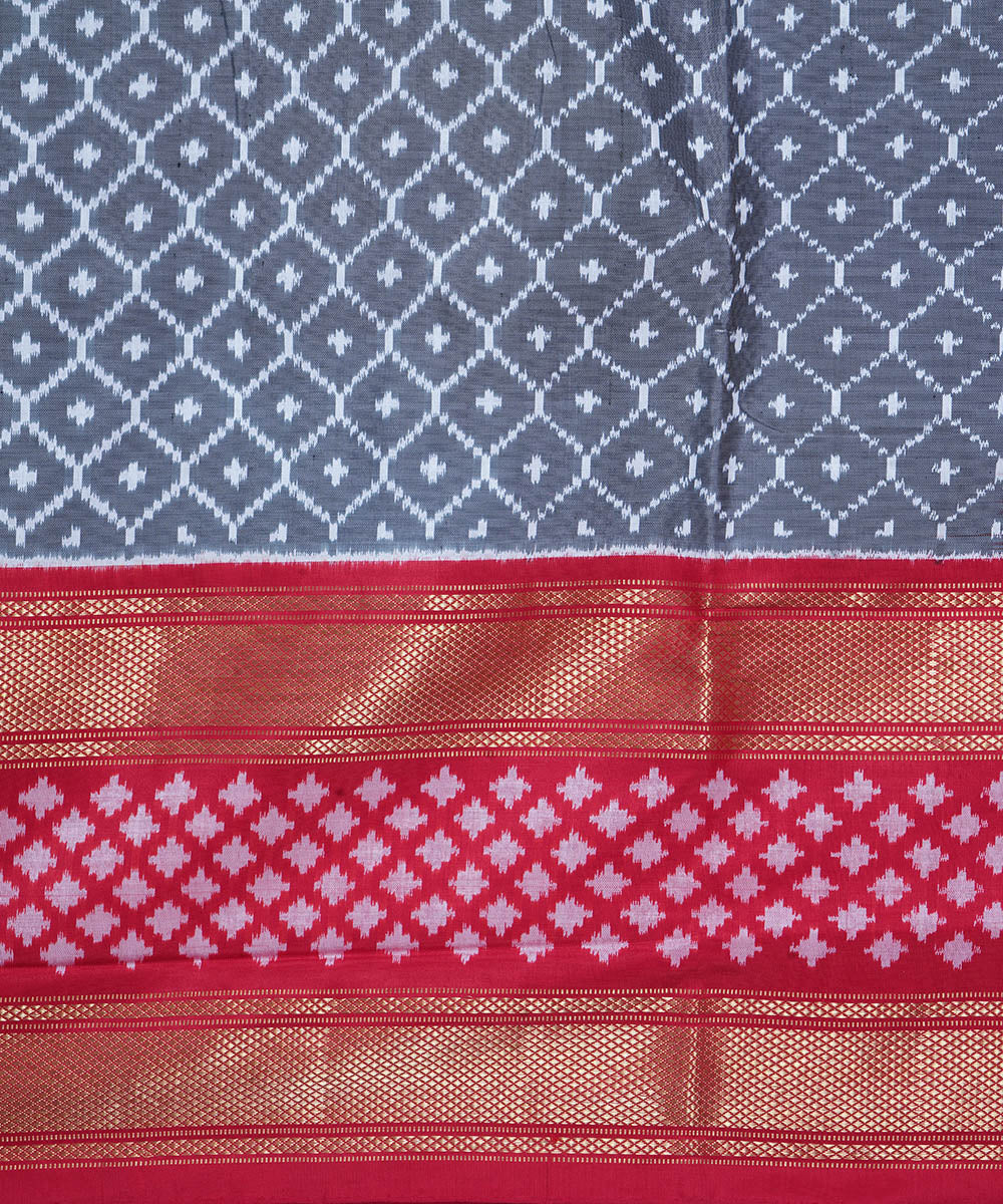 Grey red handwoven pochampally ikat silk saree