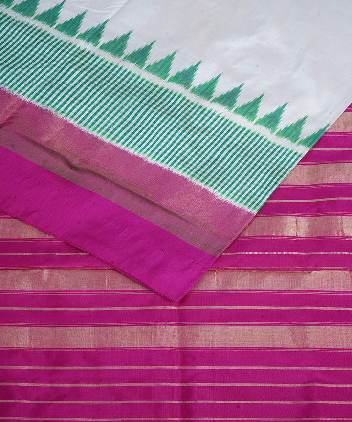 Offwhite pink pochampally ikat silk handwoven saree