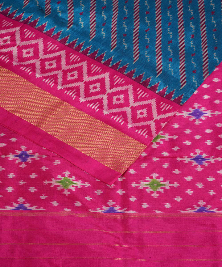 Dark green pink handwoven pochampally ikat silk saree