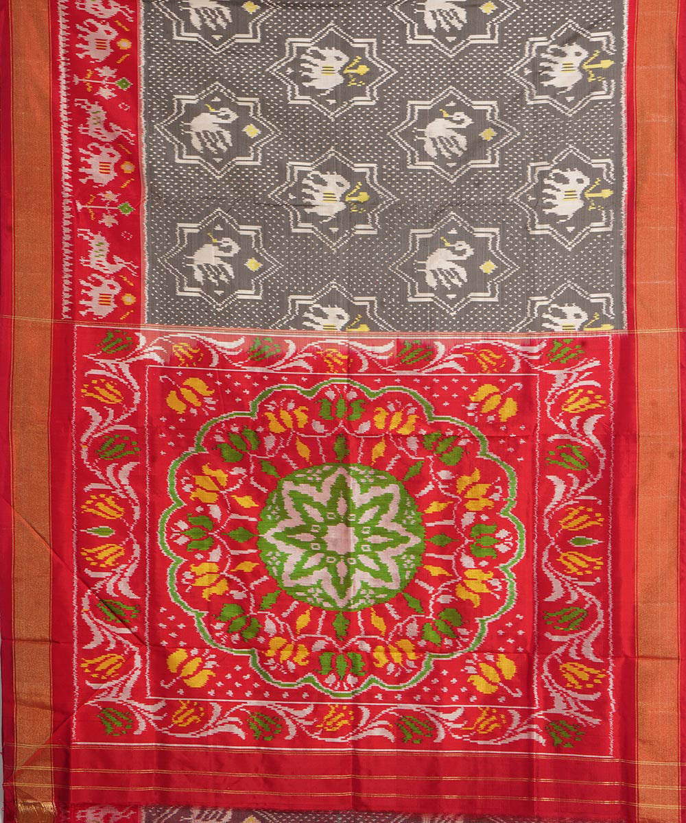 Grey red handwoven floral design pochampally ikat silk saree