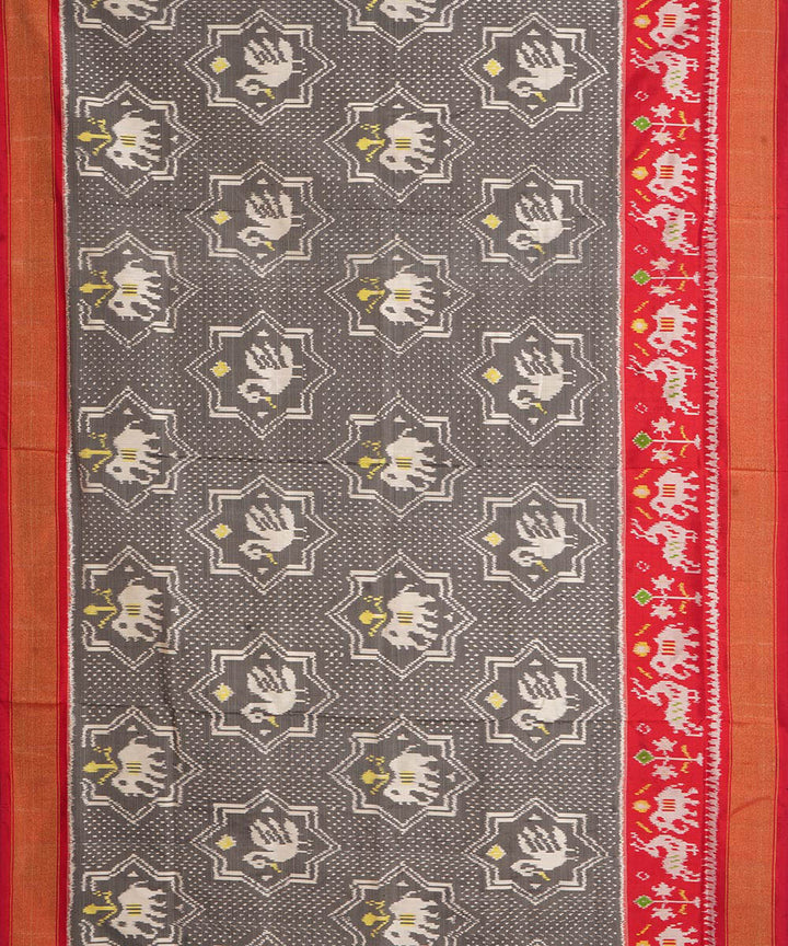 Grey red handwoven floral design pochampally ikat silk saree