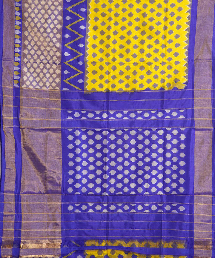 Yellow navy blue handwoven pochampally ikat silk saree