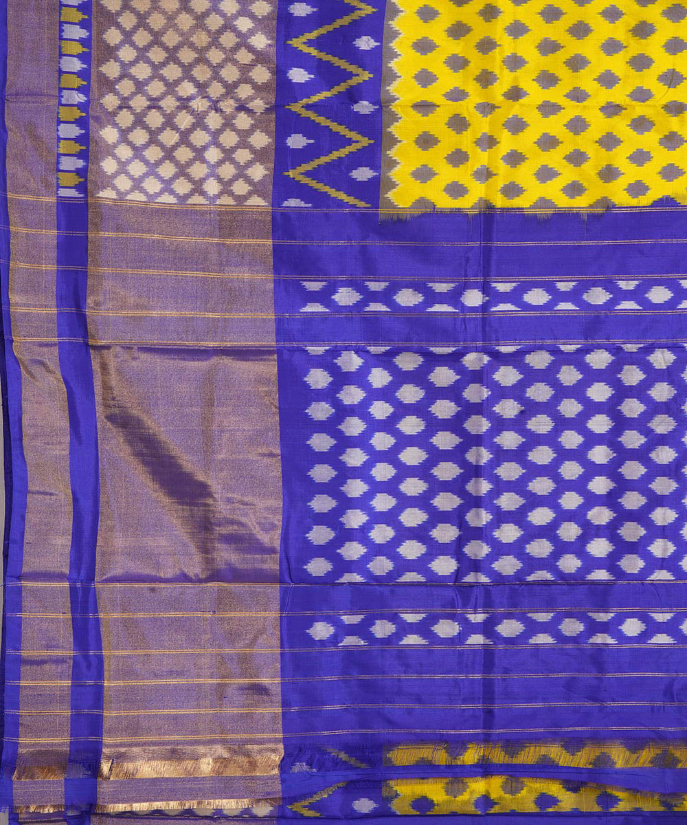 Yellow navy blue handwoven pochampally ikat silk saree
