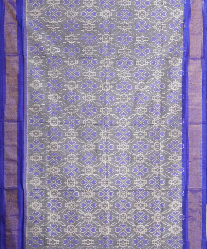 Grey navy blue pochampally ikat handwoven silk saree