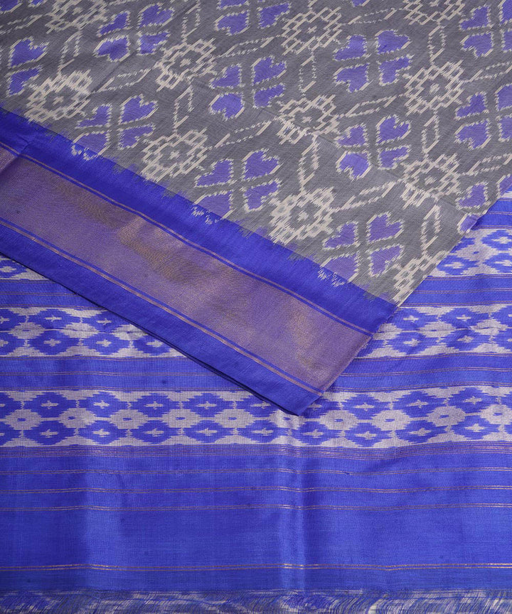 Grey navy blue pochampally ikat handwoven silk saree