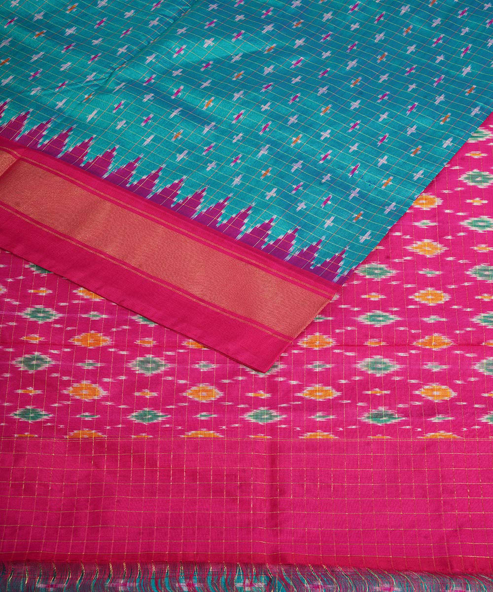 Sea green pink handwoven pochampally ikat silk saree