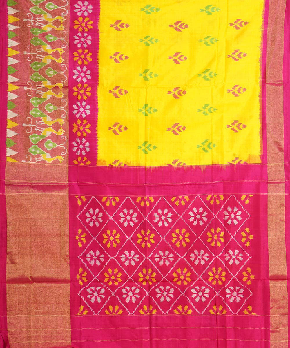 Yellow pink handwoven pochampally silk ikat saree