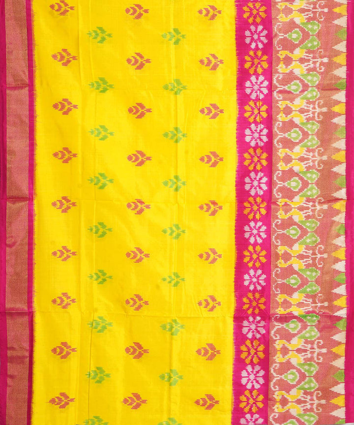 Yellow pink handwoven pochampally silk ikat saree
