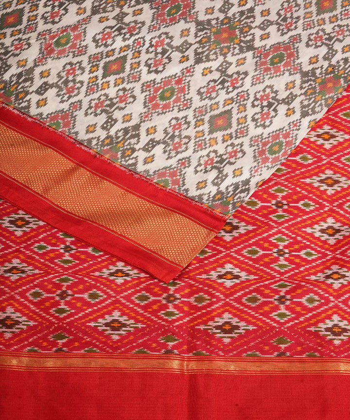 Offwhite red handwoven pochampally ikat silk saree