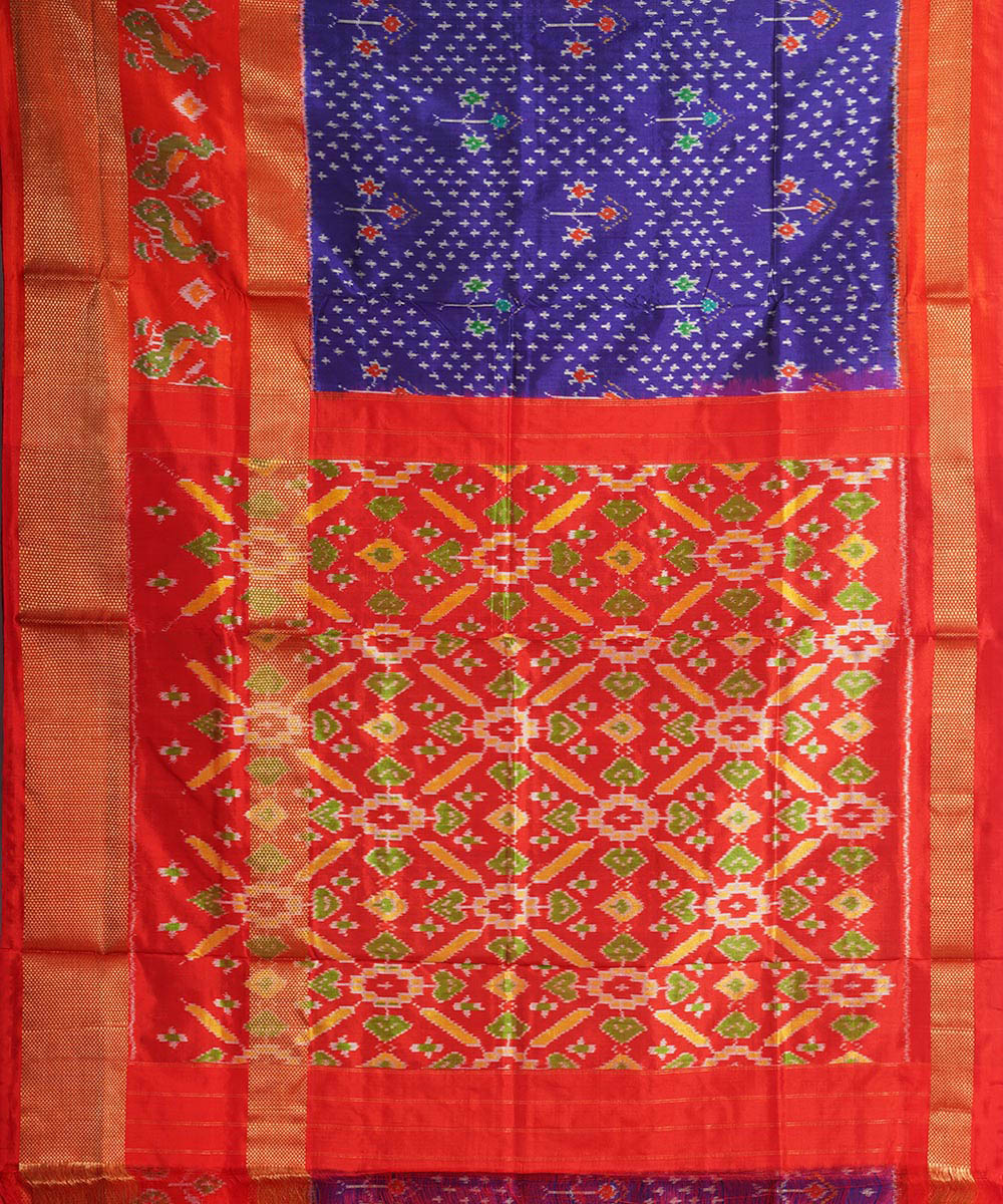Navy blue red pochampally ikat handwoven silk saree