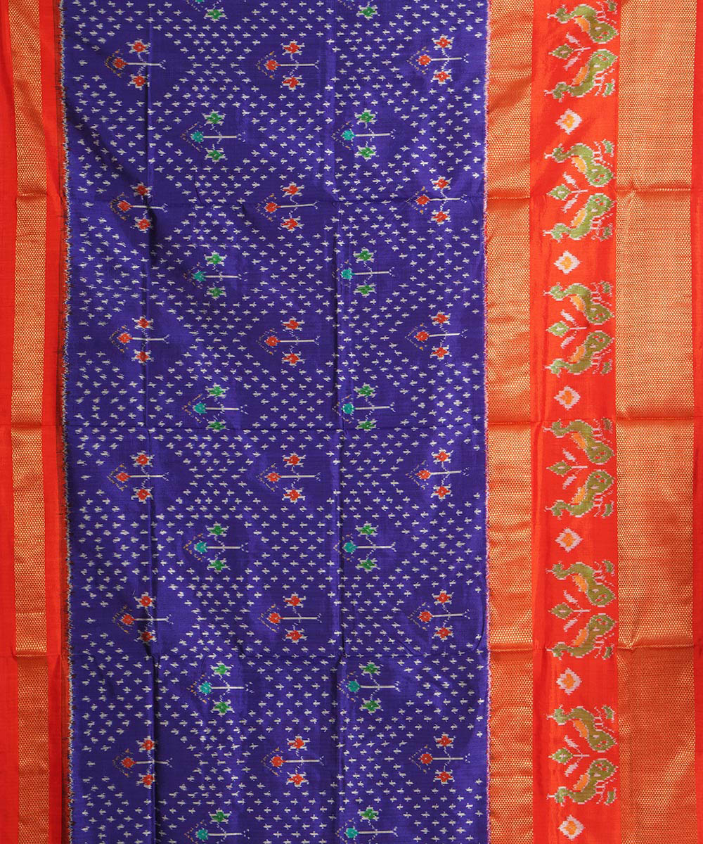 Navy blue red pochampally ikat handwoven silk saree