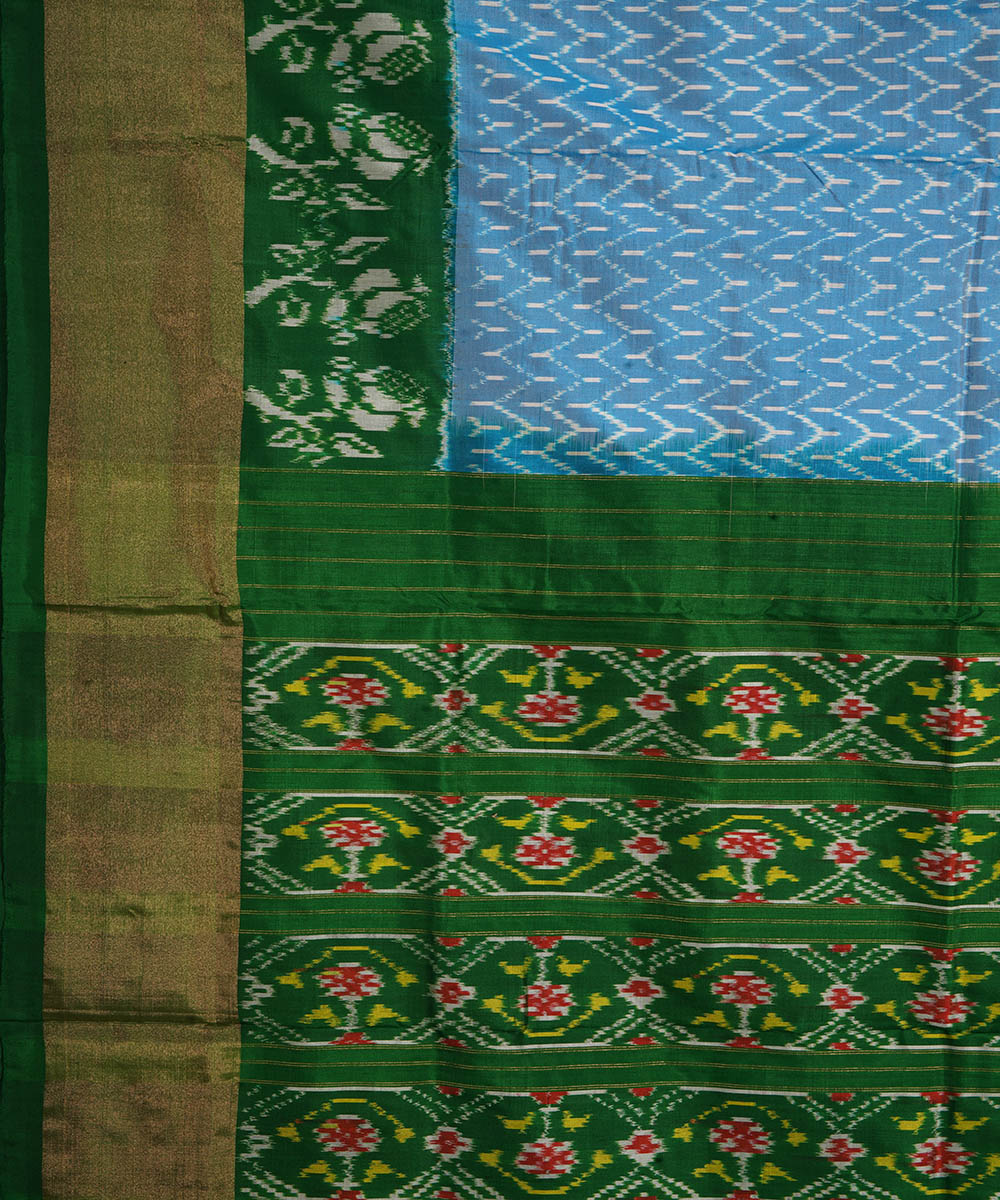 Cyan blue green handwoven pochampally ikat silk saree