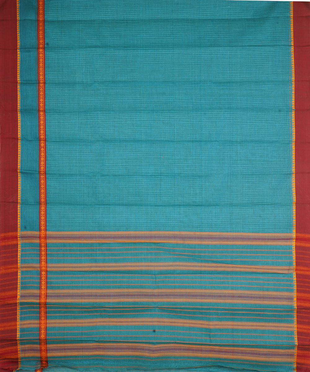 Cyan blue maroon narayanapet handwoven cotton saree