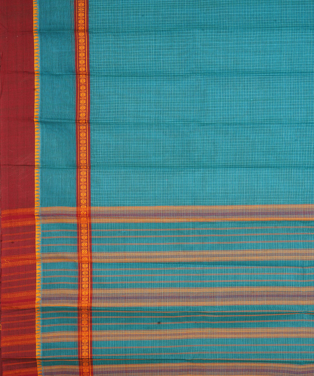 Cyan blue maroon narayanapet handwoven cotton saree