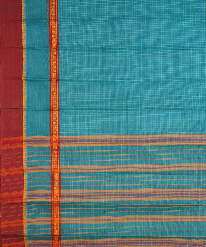 Cyan blue maroon narayanapet handwoven cotton saree