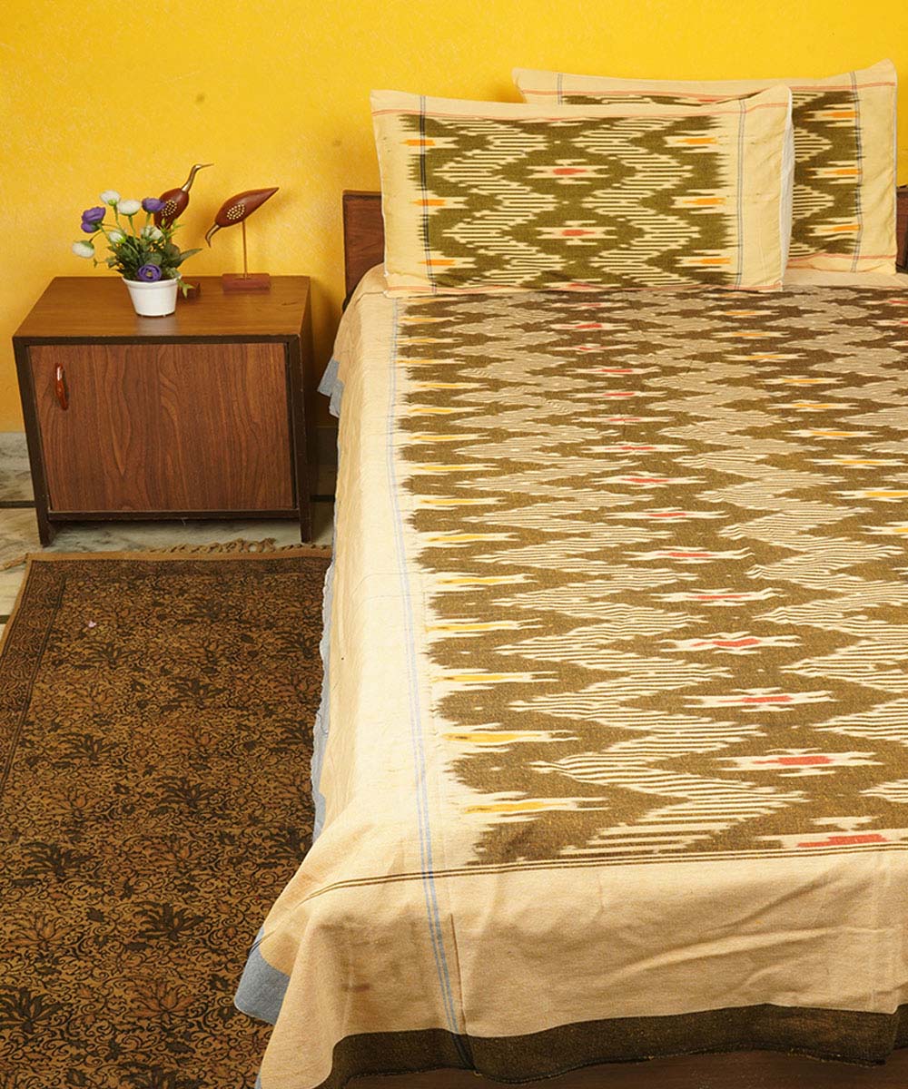 Olive green handwoven cotton pochampally ikat double bedsheet