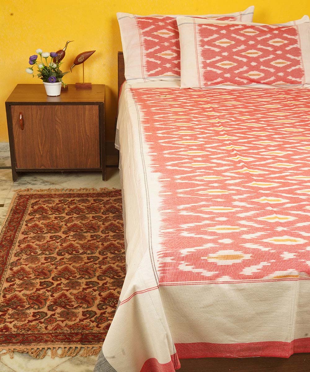 Pink offwhite handloom cotton pochampally ikat double bedsheet