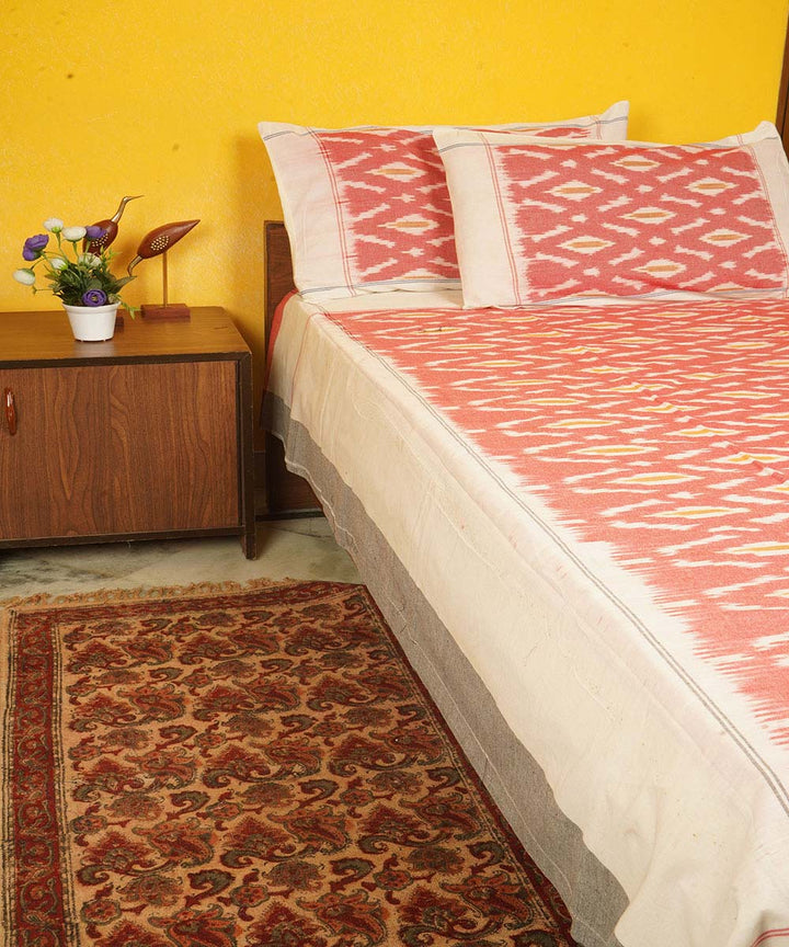 Pink offwhite handloom cotton pochampally ikat double bedsheet