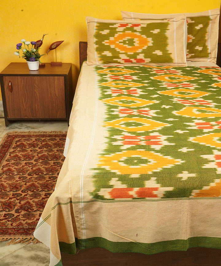 Dark green yellow handloom cotton pochampally ikat double bedsheet