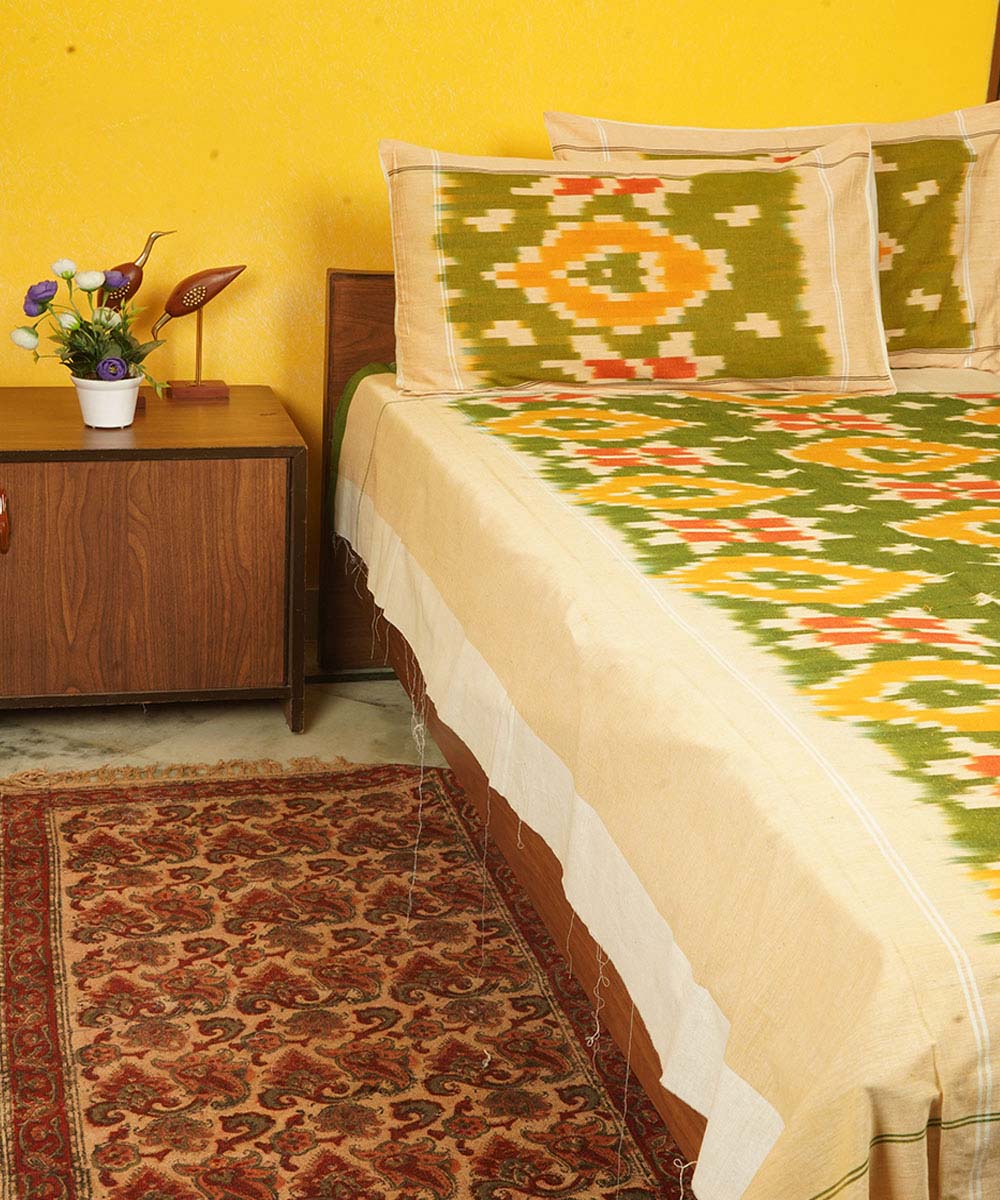 Dark green yellow handloom cotton pochampally ikat double bedsheet