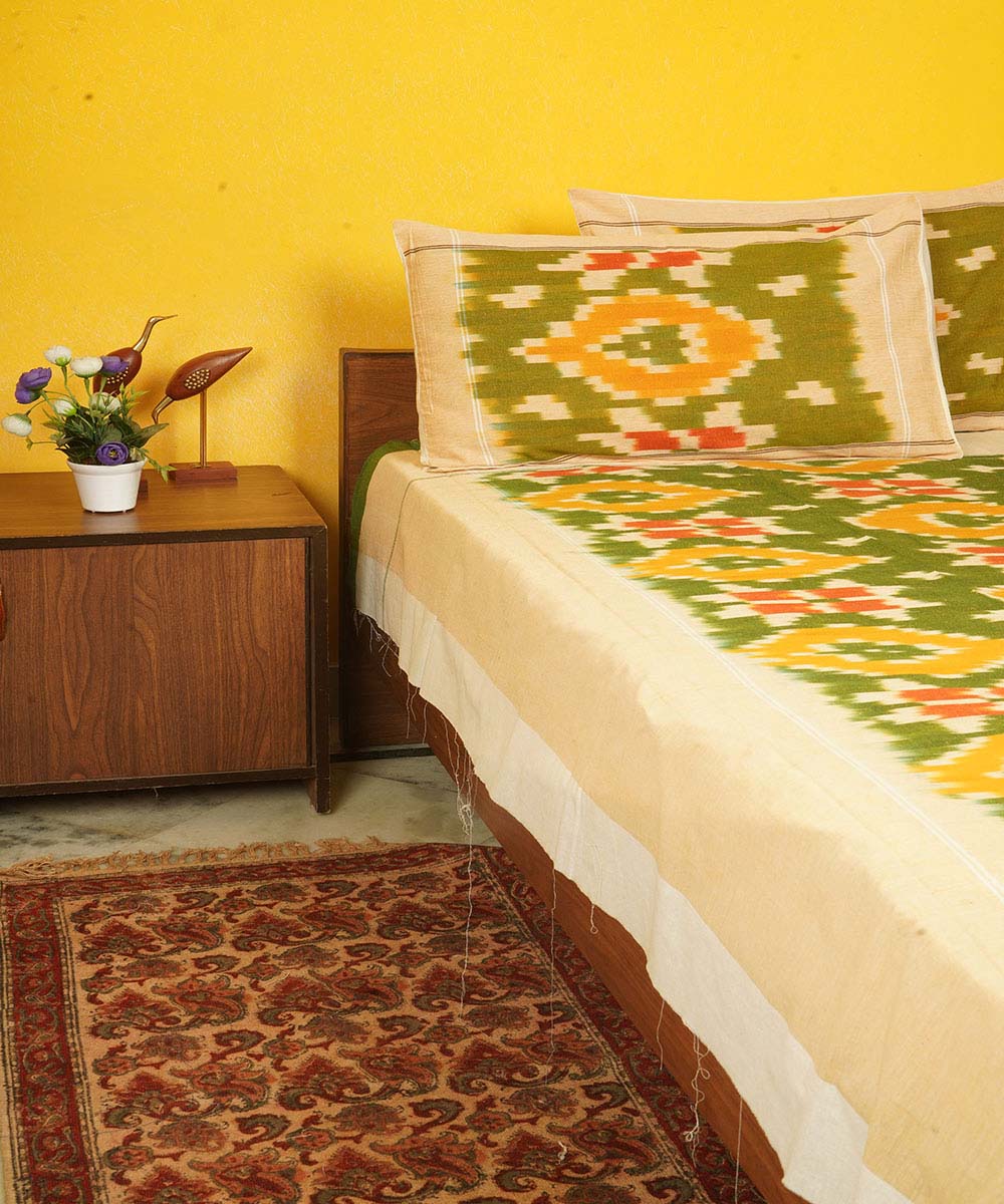 Dark green yellow handloom cotton pochampally ikat double bedsheet