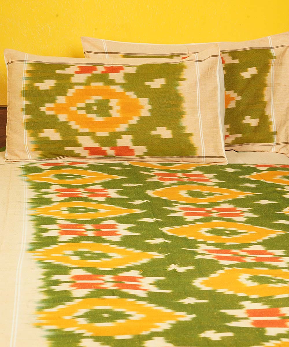 Dark green yellow handloom cotton pochampally ikat double bedsheet