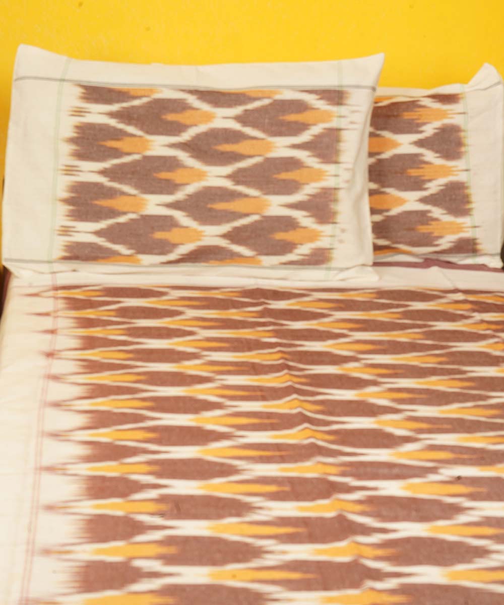 Brown yellow handloom cotton pochampally ikat double bedsheet