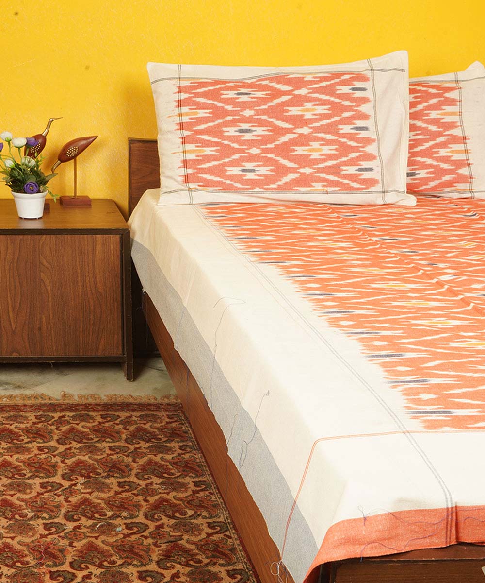 Orange handloom pochampally cotton ikat double bedsheet