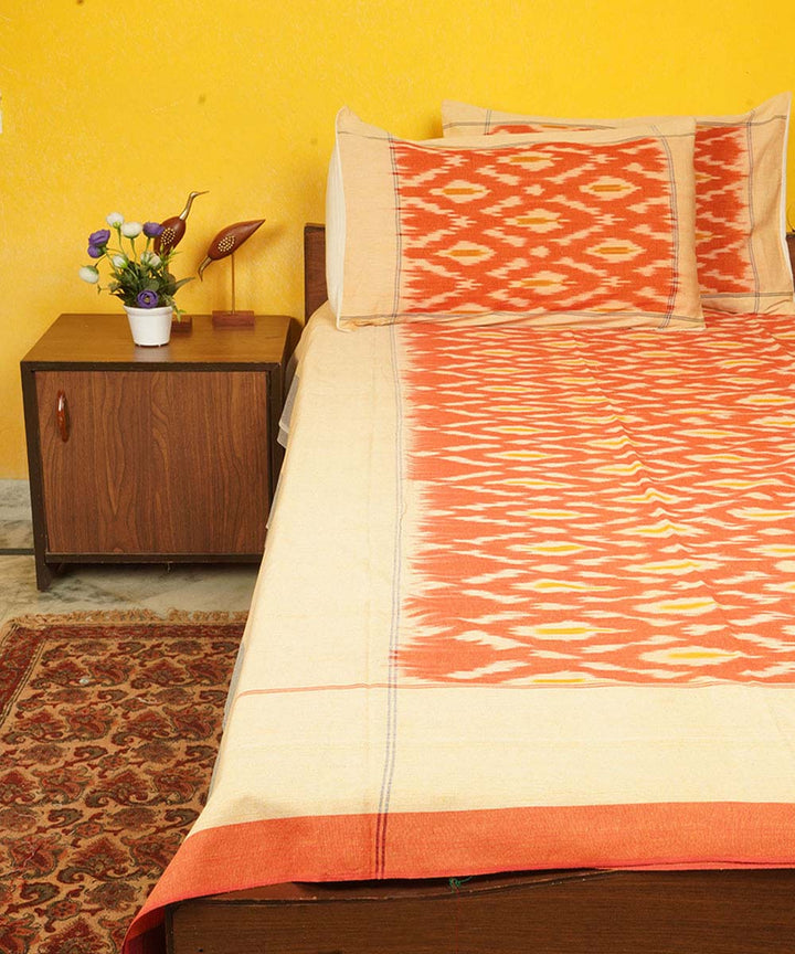 Orange handwoven cotton pochampally ikat double bedsheet