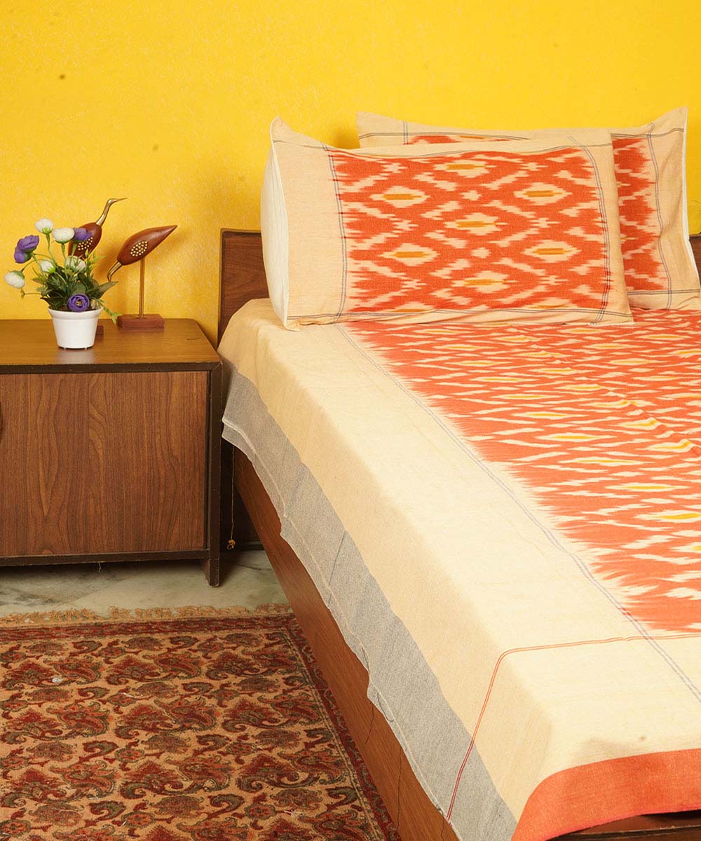 Orange handwoven cotton pochampally ikat double bedsheet