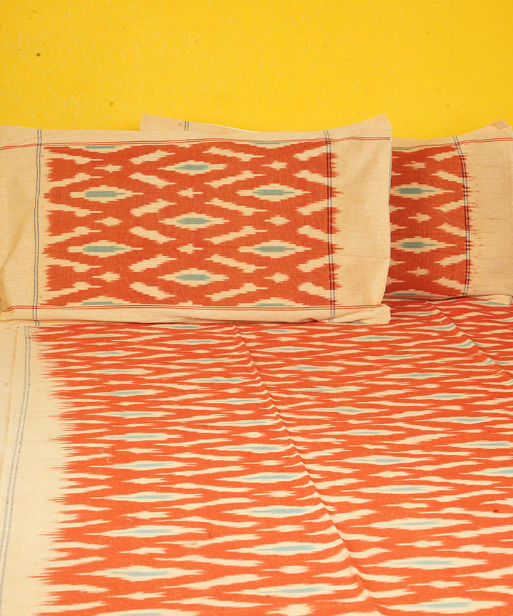 Orange offwhite handloom cotton pochampally ikat double bedsheet