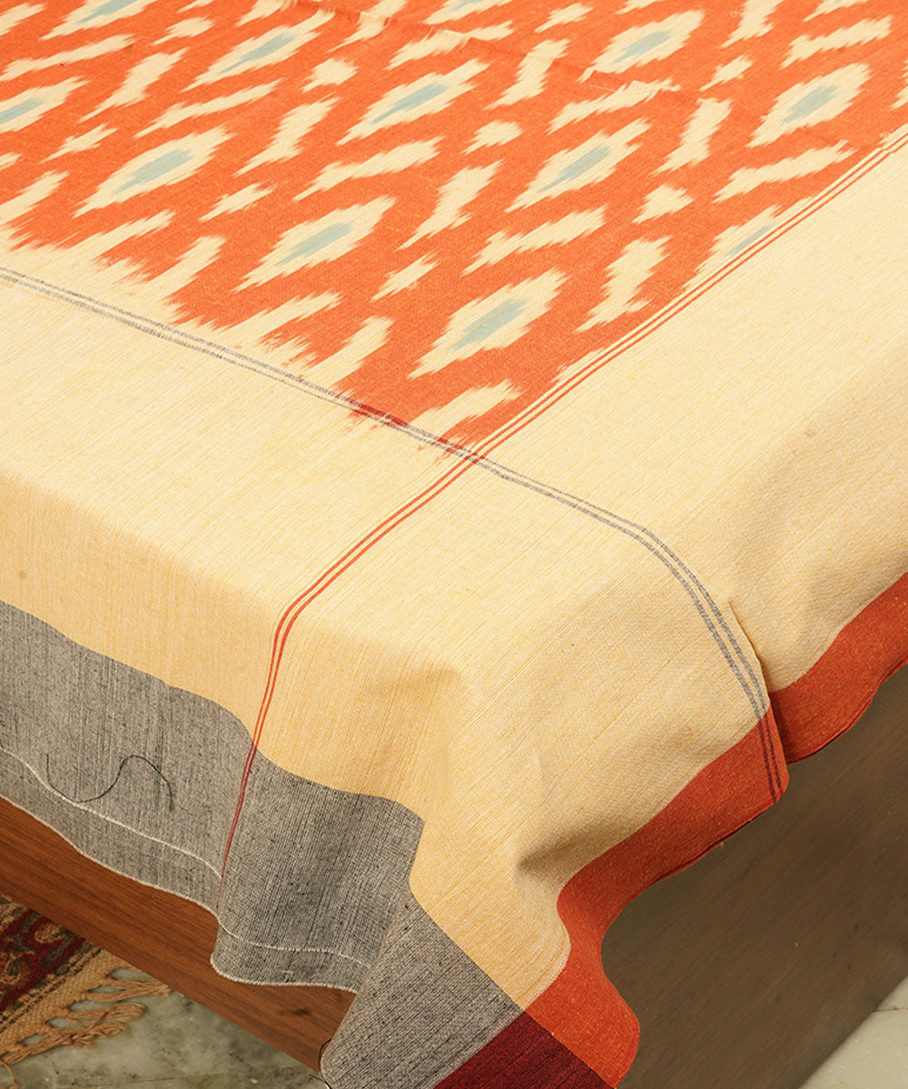 Orange offwhite handloom cotton pochampally ikat double bedsheet