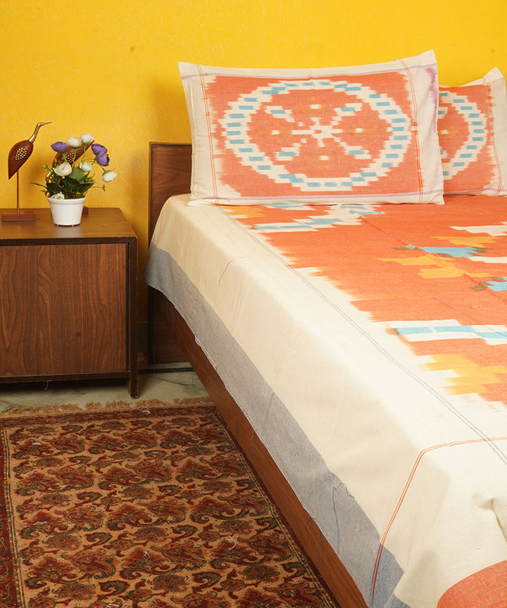 Orange handloom cotton pochampally ikat double bedsheet