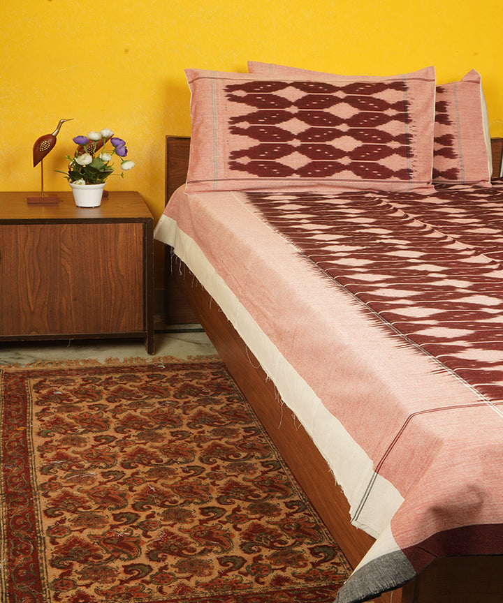 Brown offwhite handloom cotton pochampally ikat double bedsheet