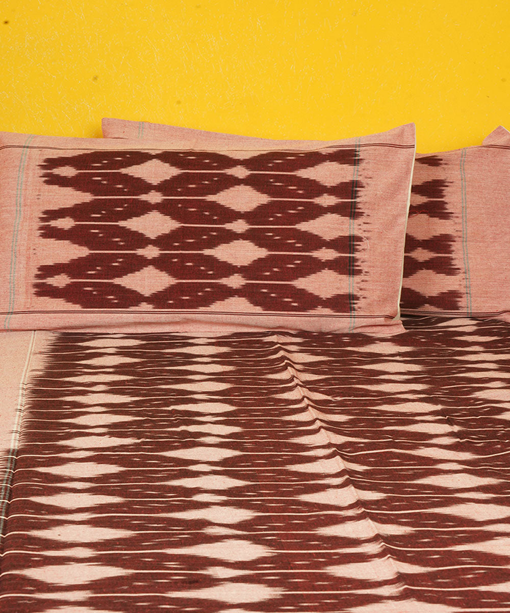 Brown offwhite handloom cotton pochampally ikat double bedsheet