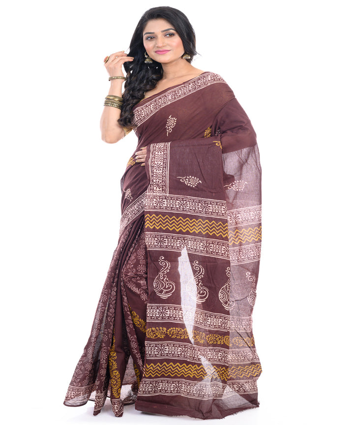 Brown cotton hand block printed bengal saree
