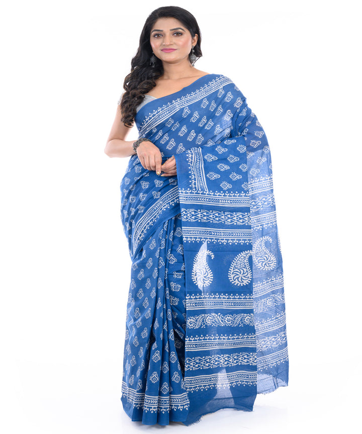 Denim blue hand block printed bengal cotton saree