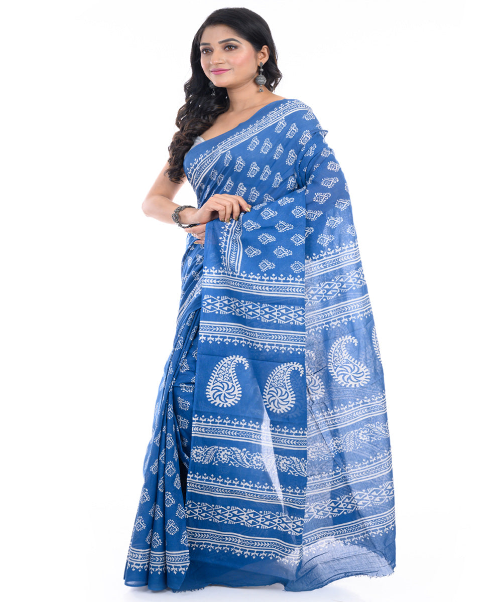 Denim blue hand block printed bengal cotton saree