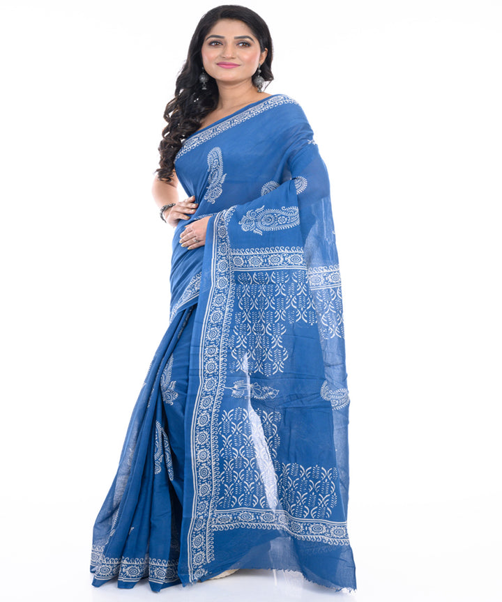 Denim blue hand block printed cotton bengal saree