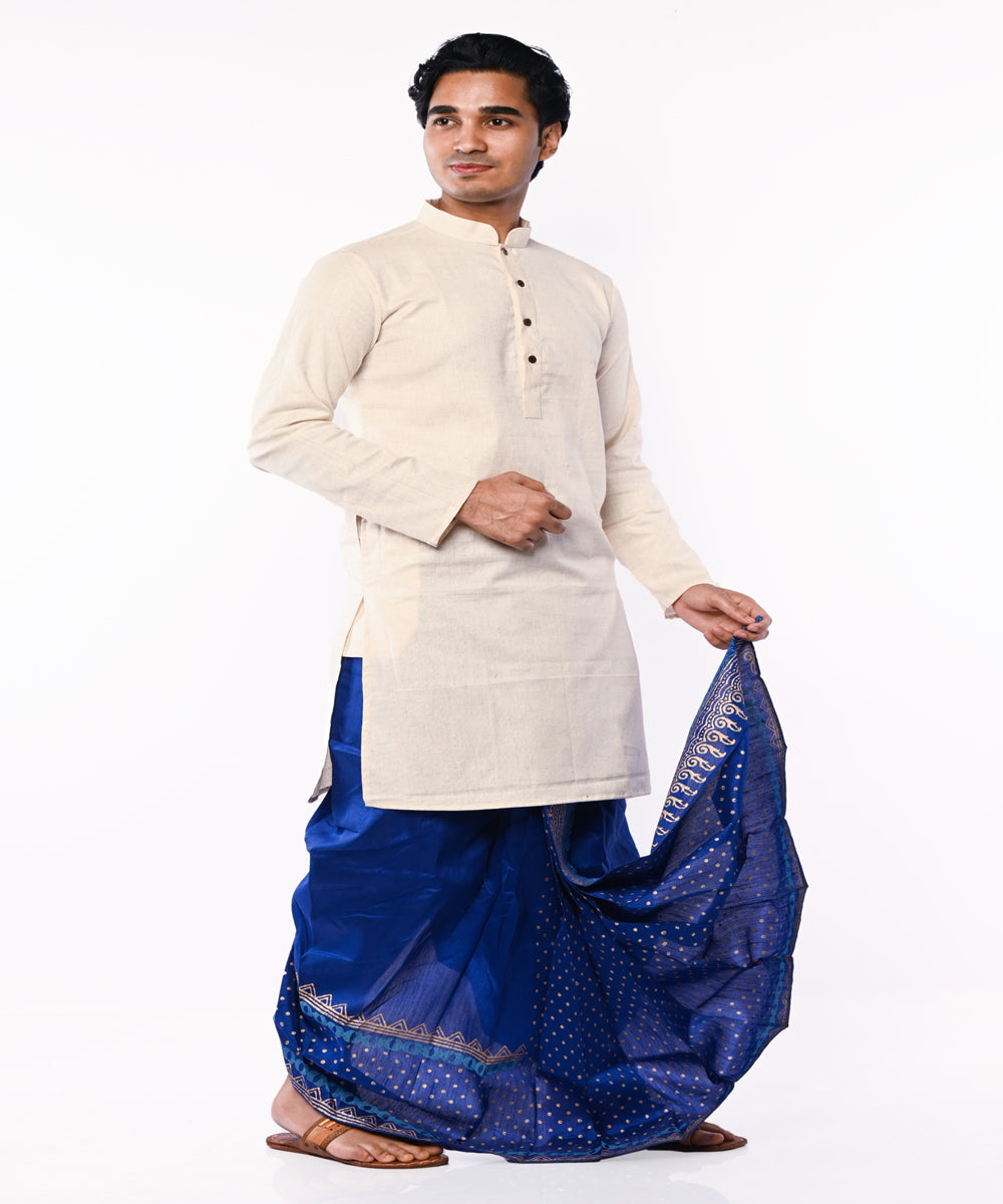 Royal blue hand block printed art silk dhoti