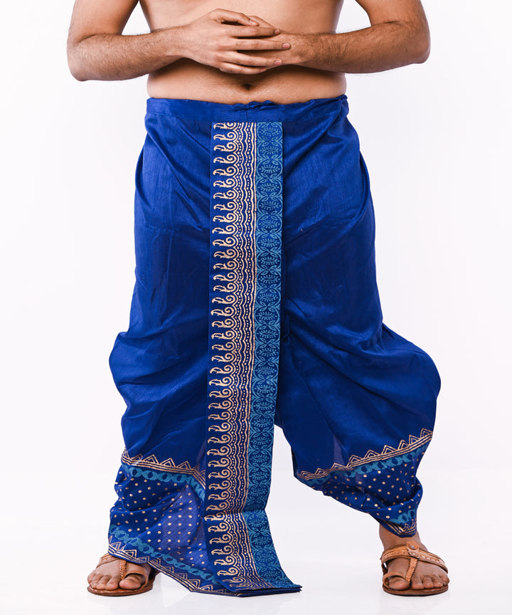 Royal blue hand block printed art silk dhoti