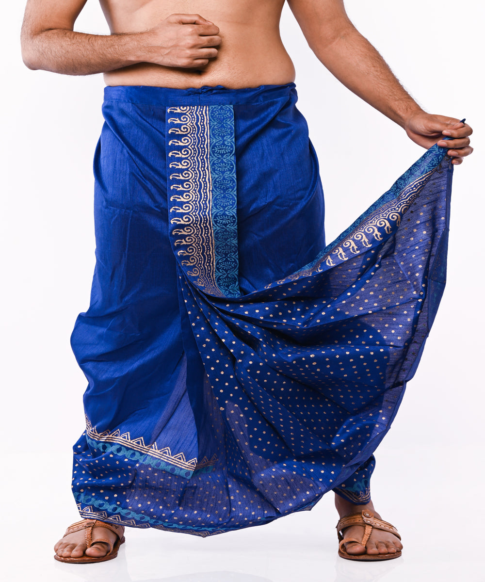 Royal blue hand block printed art silk dhoti